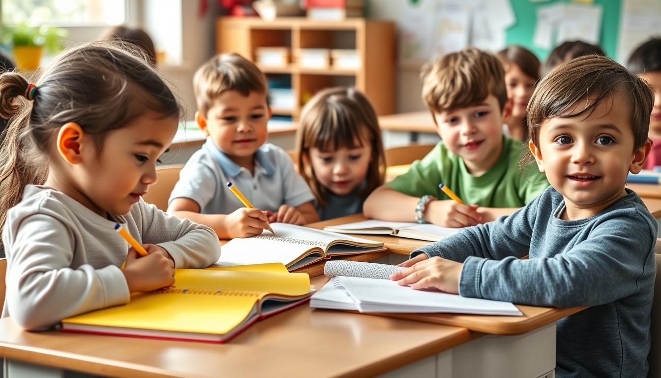 Students studying together in modern classroom